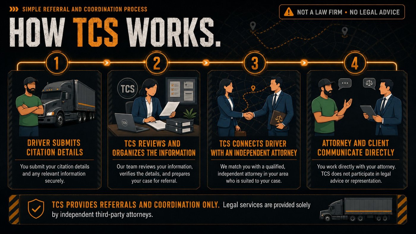 How TCS works: driver submits citation details, TCS reviews and organizes the information, TCS connects driver with an independent attorney, attorney and client communicate directly