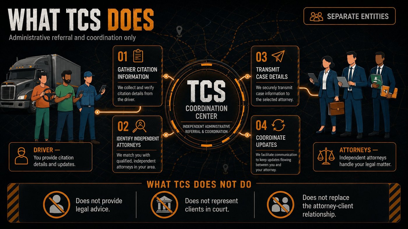 What TCS does: gather citation information, identify independent attorneys, transmit case details, coordinate updates — through an independent administrative referral and coordination center. Driver and attorneys are separate entities. TCS does not provide legal advice, represent clients in court, or replace the attorney-client relationship.