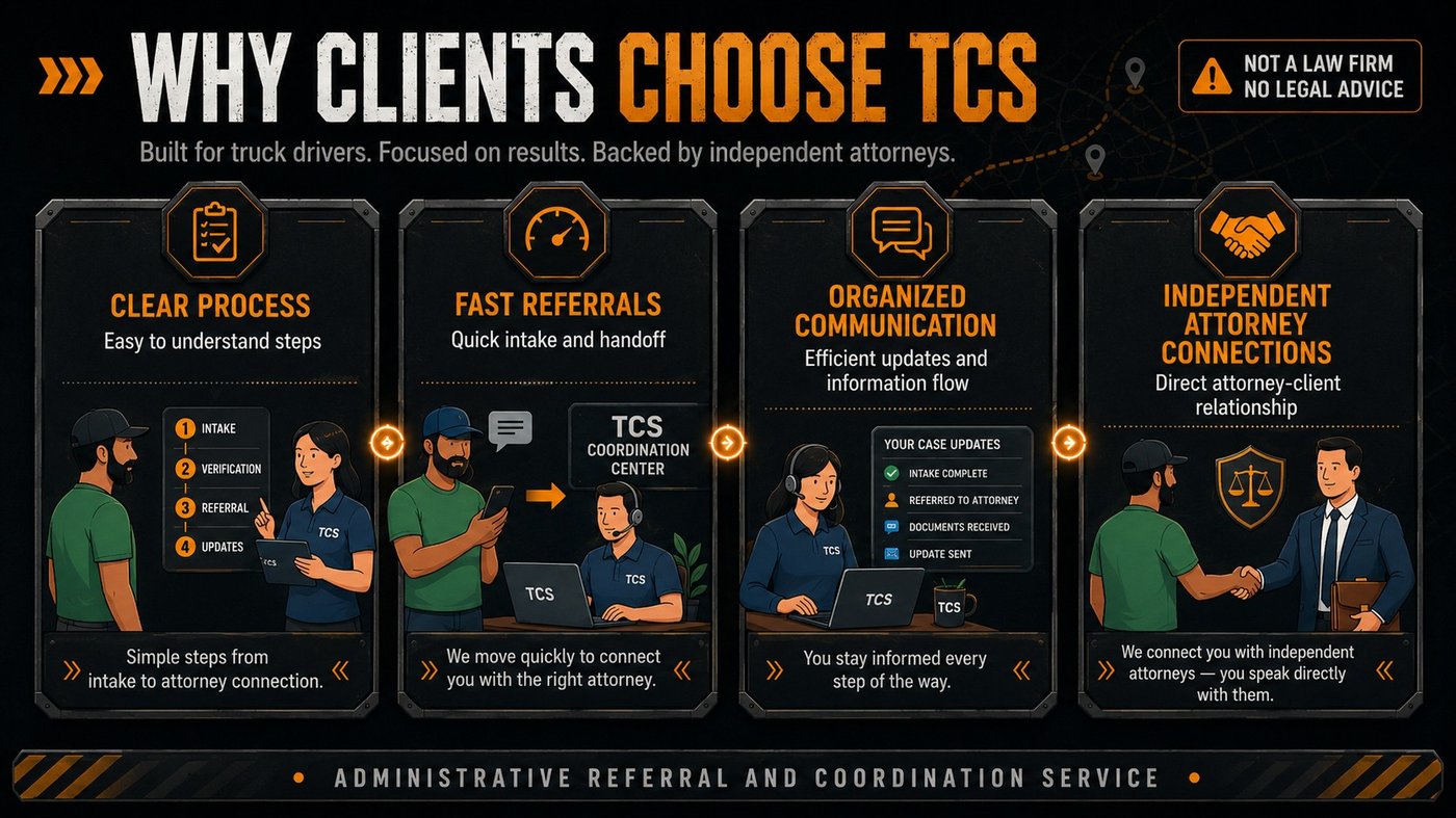 Why clients choose TCS: clear process, fast referrals, organized communication, and independent attorney connections